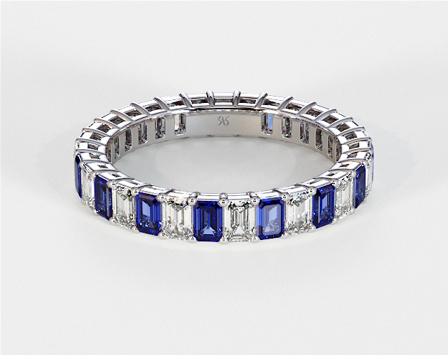 Emerald Cut Diamond and Sapphire Eternity Ring in White Gold