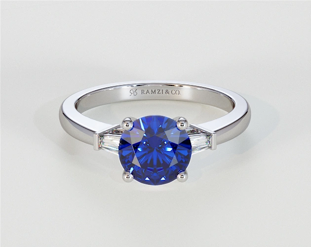 Three Stone Round Blue Sapphire Engagement Ring  